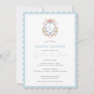 Grandmillennial Floral Crest Monogram   Bridal  Invitation