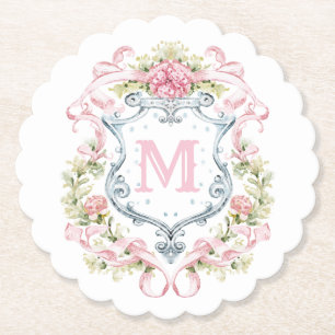 Grandmillennial Floral Crest Monogram   Bridal  Paper Coaster