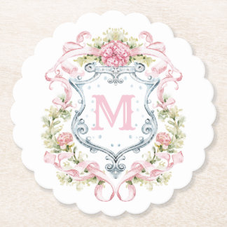 Grandmillennial Floral Crest Monogram | Bridal  Paper Coaster