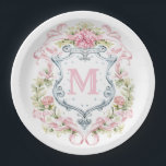 Grandmillennial Floral Crest Monogram | Bridal  Paper Plate<br><div class="desc">The elegant watercolor monogram crest gives these bridal shower paper plates a beautiful and timeless look that any bride-to-be will love.  Personalise this design with your initial in the crest.

Colours include,  light blue,  pink and grey.</div>