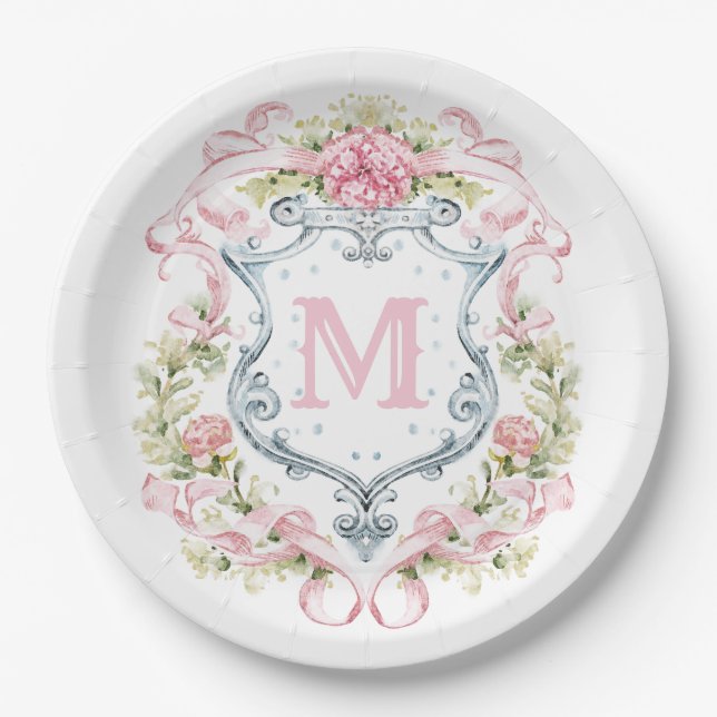 Grandmillennial Floral Crest Monogram | Bridal  Paper Plate (Front)