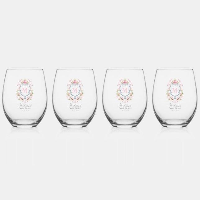Grandmillennial Floral Crest Monogram | Bridal  Stemless Wine Glass (Front)