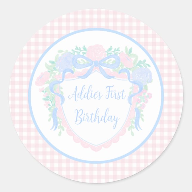 Grandmillennial Floral Gingham Preppy Birthday Classic Round Sticker (Front)