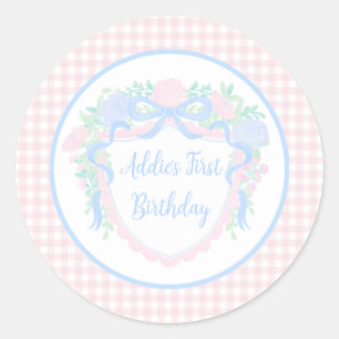 Grandmillennial Floral Gingham Preppy Birthday Classic Round Sticker