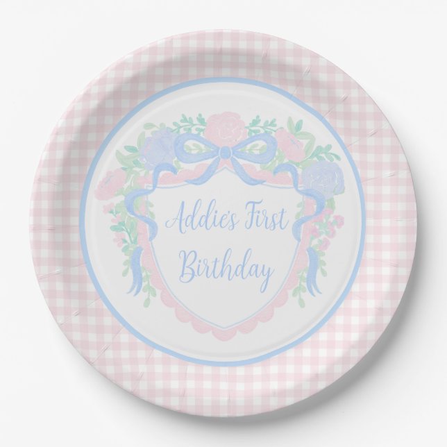 Grandmillennial Floral Gingham Preppy Birthday Paper Plate (Front)