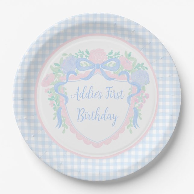 Grandmillennial Floral Gingham Preppy Paper Plate (Front)