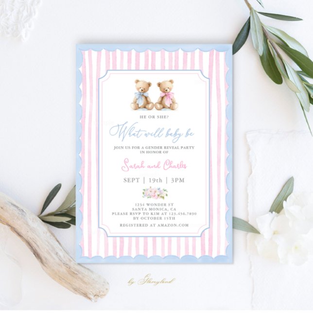 Grandmillennial Gender Reveal Bear Invitation (Creator Uploaded)