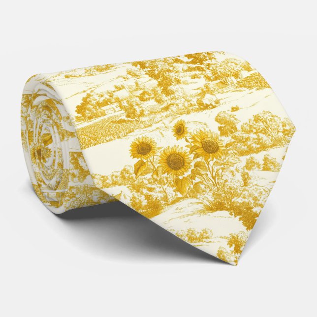 Grandmillennial Gold Sunflower Toile Pattern Tie (Rolled)