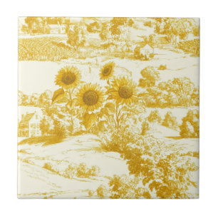 Grandmillennial Gold Sunflower Toile Pattern Tile