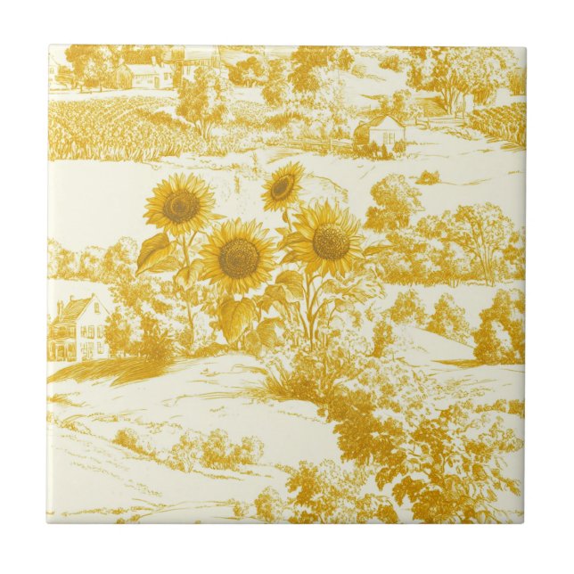Grandmillennial Gold Sunflower Toile Pattern Tile (Front)