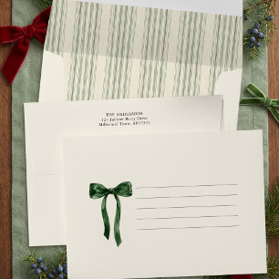 Grandmillennial Green Bow Ticking Stripe Holiday Envelope