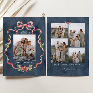 Grandmillennial Greenery Coquette Bow Wreath Photo Holiday Card