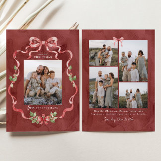 Grandmillennial Greenery Coquette Bow Wreath Photo Holiday Card