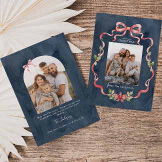 Grandmillennial Greenery Coquette Bow Wreath Photo Holiday Card