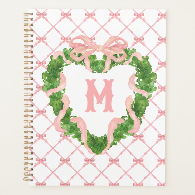Grandmillennial Heart Wreath Monogram Bamboo & Bow Planner (Front)