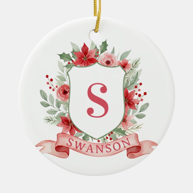 Grandmillennial Holiday Crest | Christmas Monogram Ceramic Tree Decoration (Front)