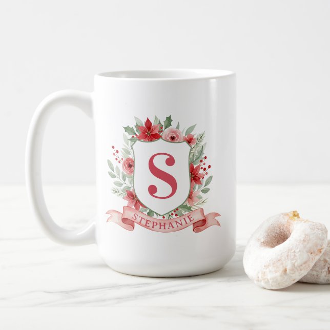 Grandmillennial Holiday Crest | Christmas Monogram Coffee Mug (With Donut)