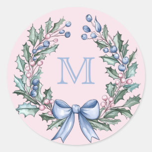 Grandmillennial  Holly Christmas Monogram Classic Round Sticker