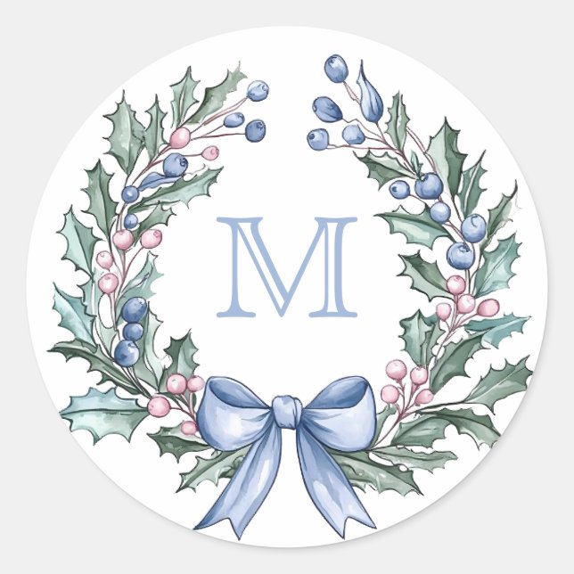 Grandmillennial  Holly Christmas Monogram Classic Round Sticker (Front)