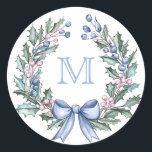 Grandmillennial  Holly Christmas Monogram Classic Round Sticker<br><div class="desc">This Christmas sticker has a preppy grandmillennial design featuring a holly frame with a blue monogram crest at the top. You can personalise with a monogram.</div>