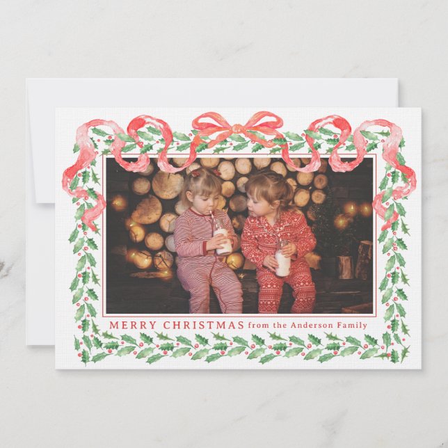Grandmillennial Holly Christmas Ribbon Card (Front)