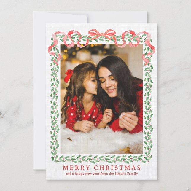 Grandmillennial Holly Christmas Ribbon Card (Front)