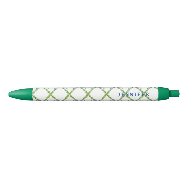Grandmillennial Lattice with Blue Bow Personalised Black Ink Pen (Front)