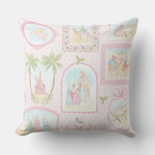 Grandmillennial Pastel Nativity Monogram Cushion