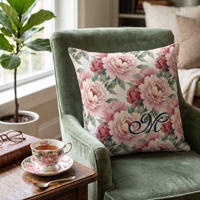 Grandmillennial Peonies | Blush Cream Monogram Cushion (Lifestyle Shot)