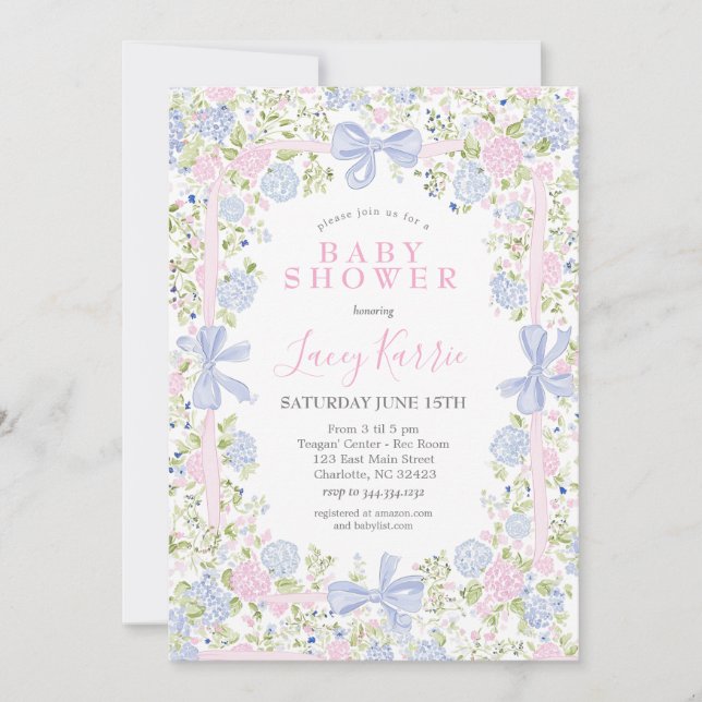 Grandmillennial Pink and Blue baby shower invite (Front)