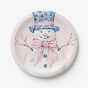 Grandmillennial Pink and Blue Damask Snowman Paper Plate