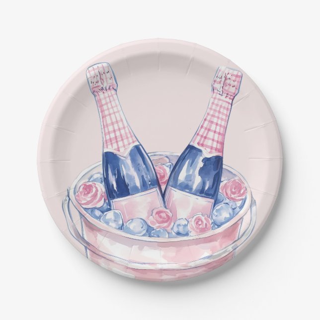 Grandmillennial Pink & Blue Champagne Paper Plate (Front)