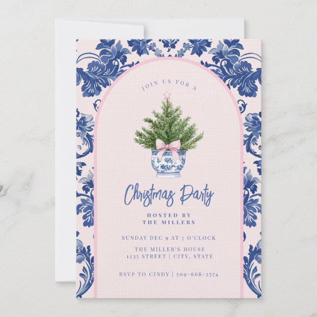 Grandmillennial Pink & Blue Damask Christmas Tree  Invitation (Front)
