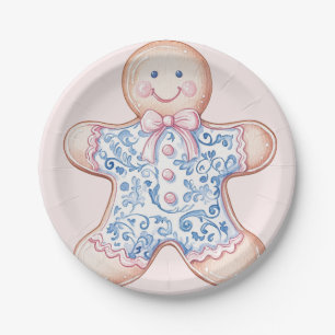 Grandmillennial Pink & Blue Damask Gingerbread Man Paper Plate