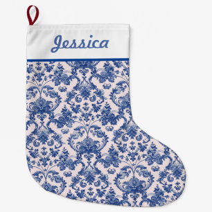 Grandmillennial Pink & Blue Damask Large Christmas Stocking