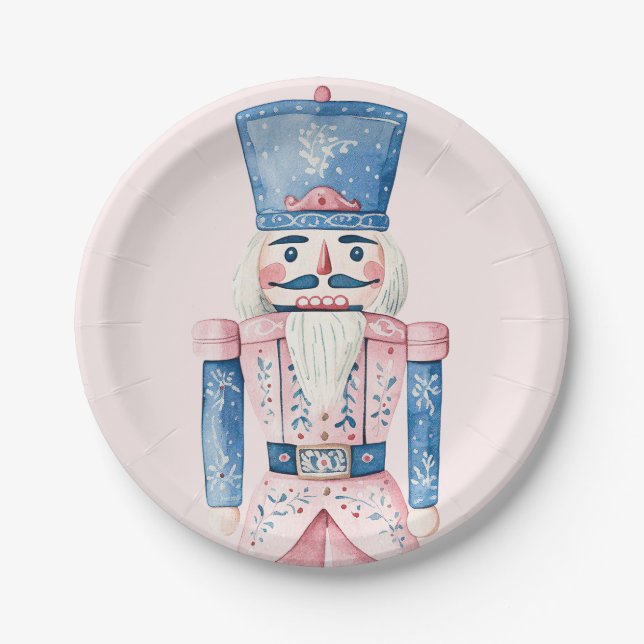 Grandmillennial Pink & Blue Damask Nutcracker Paper Plate (Front)