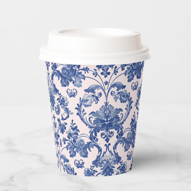 Grandmillennial Pink & Blue Damask Paper Cups (Front)
