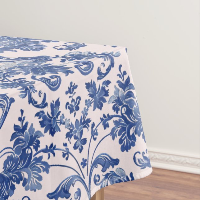 Grandmillennial Pink & Blue Damask Tablecloth (In Situ)