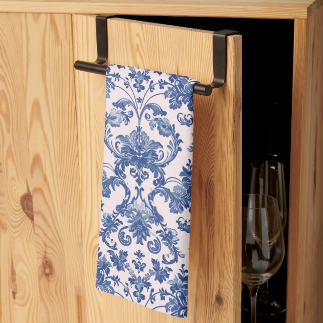 Grandmillennial Pink & Blue Damask Tea Towel (Thirds Fold)