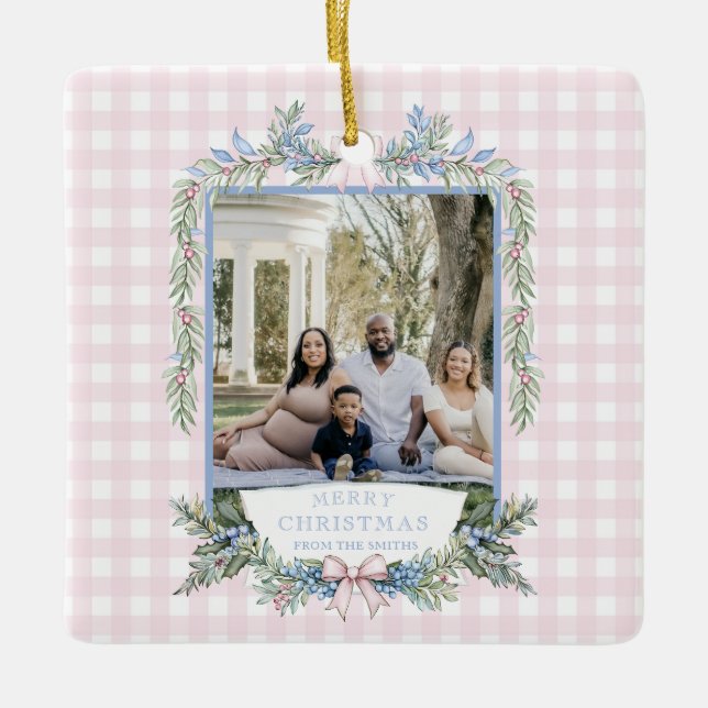 Grandmillennial Pink & Blue Holly Christmas Ceramic Ornament (Front)