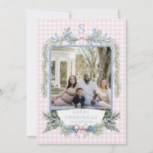 Grandmillennial Pink & Blue Holly Christmas Invitation