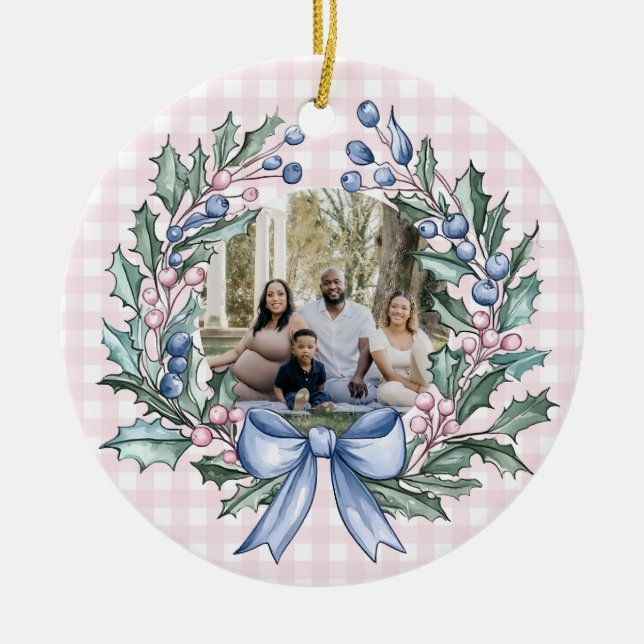 Grandmillennial Pink & Blue Holly Christmas Photo Ceramic Tree Decoration (Front)
