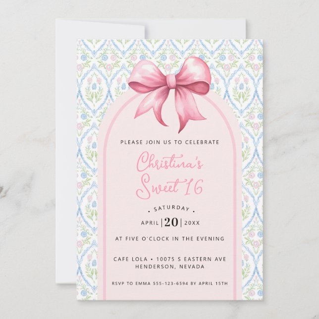 Grandmillennial Pink Bow Coquette Sweet 16 Invitation (Front)