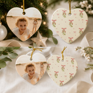Grandmillennial Pink Bow Mistletoe Photo Heart Ceramic Tree Decoration