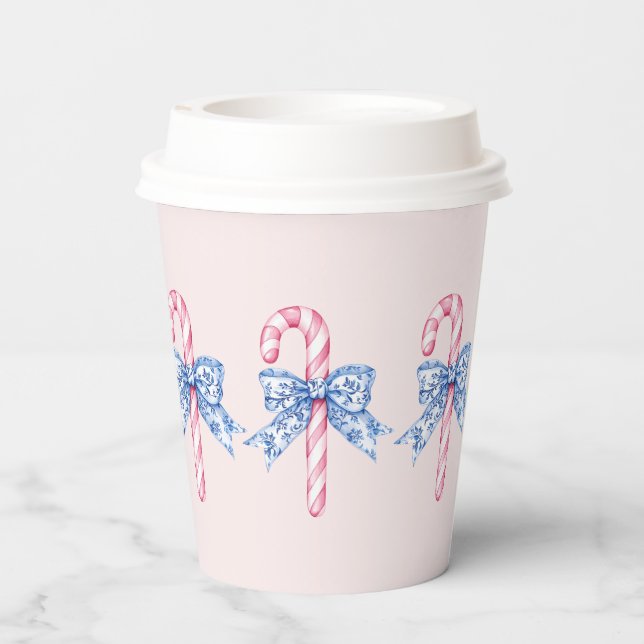 Grandmillennial Pink Candy Canes with Blue Bows Paper Cups (Back)