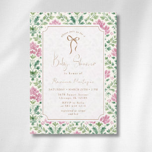 Grandmillennial Pink Floral Gold Bow Baby Shower Invitation