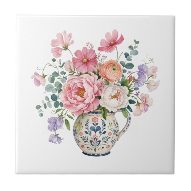 Grandmillennial Pink Peony Cottage Garden Florals Tile (Front)