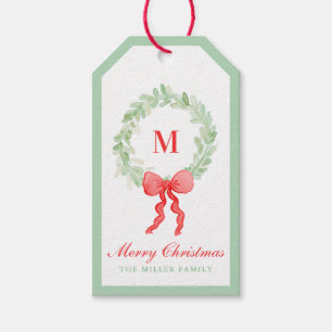 Grandmillennial Preppy Christmas Wreath Monogram Gift Tags