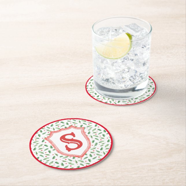 Grandmillennial Preppy Holly Monogram Crest Round Paper Coaster (Insitu)