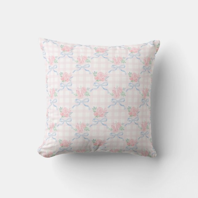 Grandmillennial Preppy Pink Bows Flowers Cushion (Front)